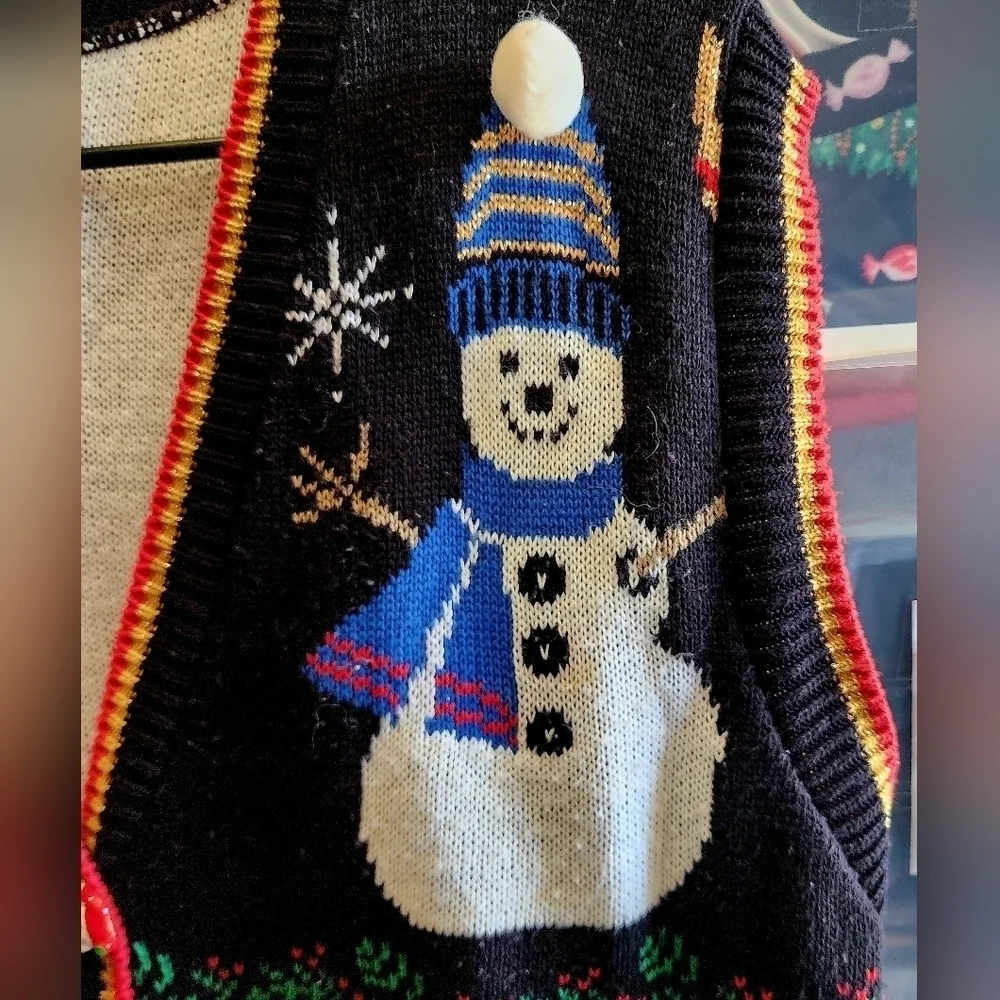 Vintage Sweater Loft Snowman Christmas Holiday Vest Large Buttons Women's M EUC